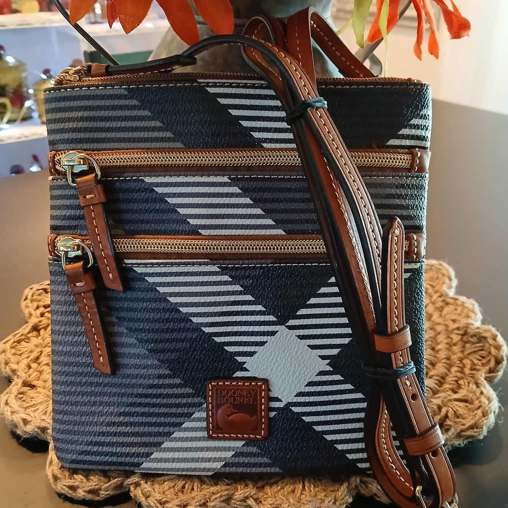 Dooney & Bourke Black, Gray & White with Brown Trim, Crossbody Bag